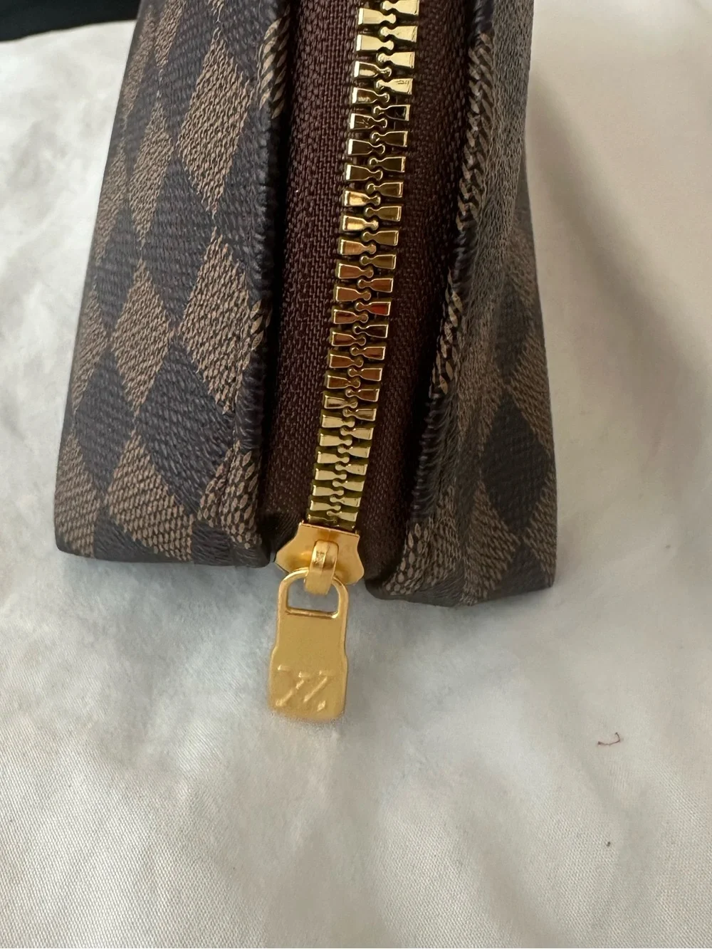 New Designer Inspired Brown Check Cosmetic Pouch Gold Tone Hardware